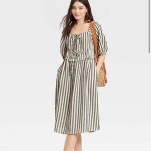 Universal Thread Striped Puff Sleeve Midi Dress, Blue and Cream, Size Lrg
